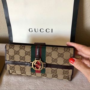 GUCCI GG Logo Canvas & Leather Long Wallet Clutch